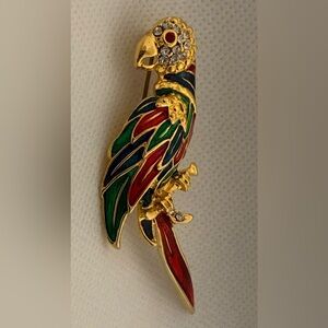 Vintage Enamel Parrot Bird Brooch Pin Rhinestone